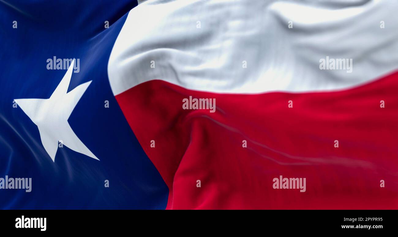 Le drapeau de l'État du Texas flotte dans le vent. Bande verticale bleue avec étoile blanche, bandes horizontales blanches et rouges. 3D rendu d'illustration. Gros plan. Banque D'Images