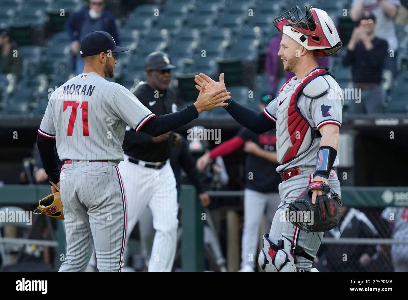 Minnesota Twins catcher Ryan Jeffers, left, celebrates with pitcher Jhoan  Duran after defeating the Cleveland Guardians in a baseball game, Friday,  June 2, 2023, in Minneapolis. (AP Photo/Craig Lassig Stock Photo - Alamy