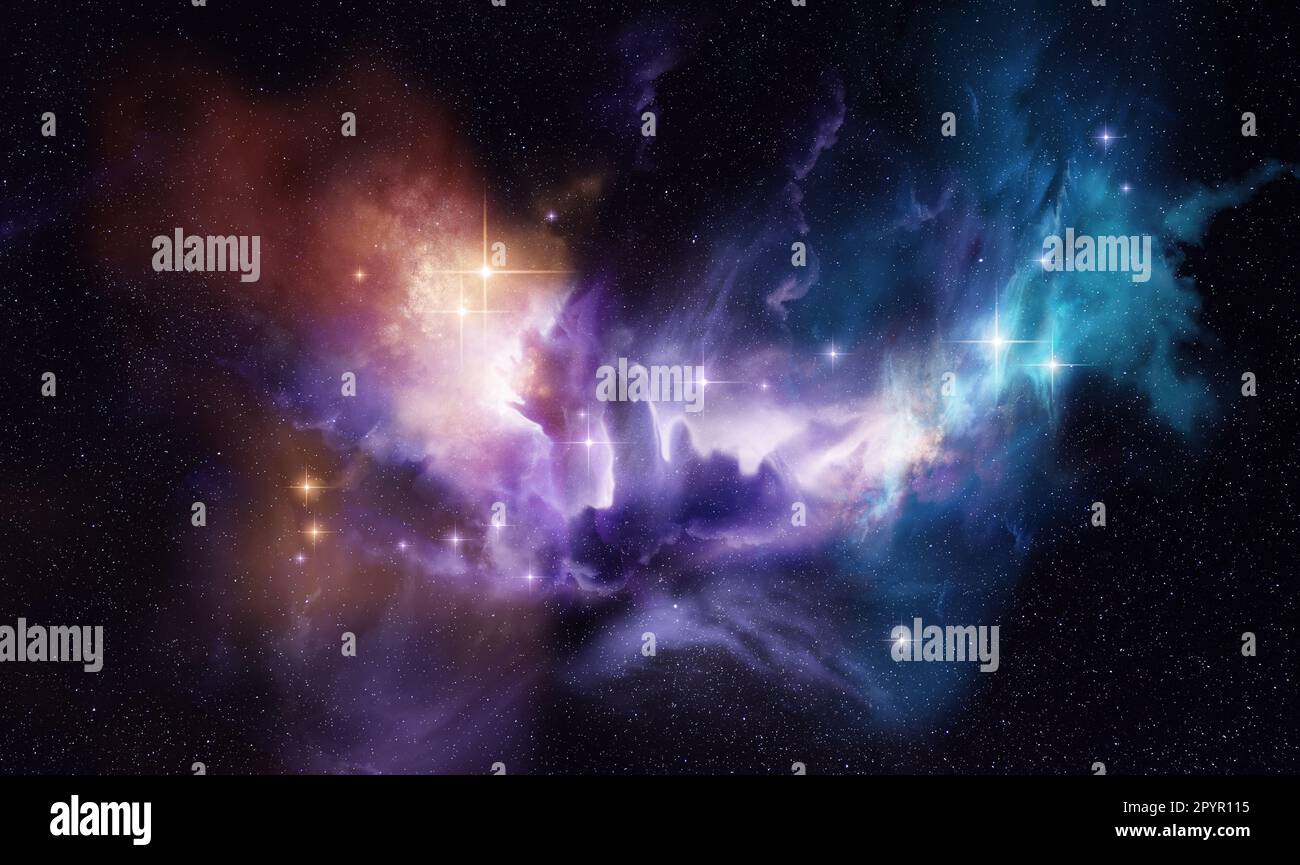 Une nébuleuse spatiale brillante à distance dans l'univers avec de nouvelles étoiles en formation. Composition photo. Banque D'Images