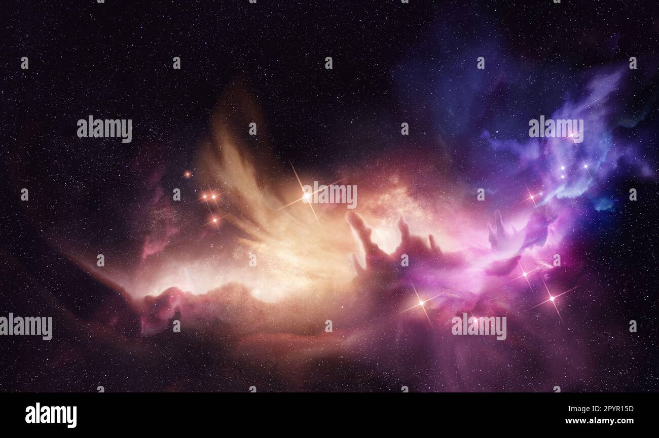 Une grande et lumineuse nébuleuse d'espace avec de nouvelles étoiles en formation. Composition photo. Banque D'Images