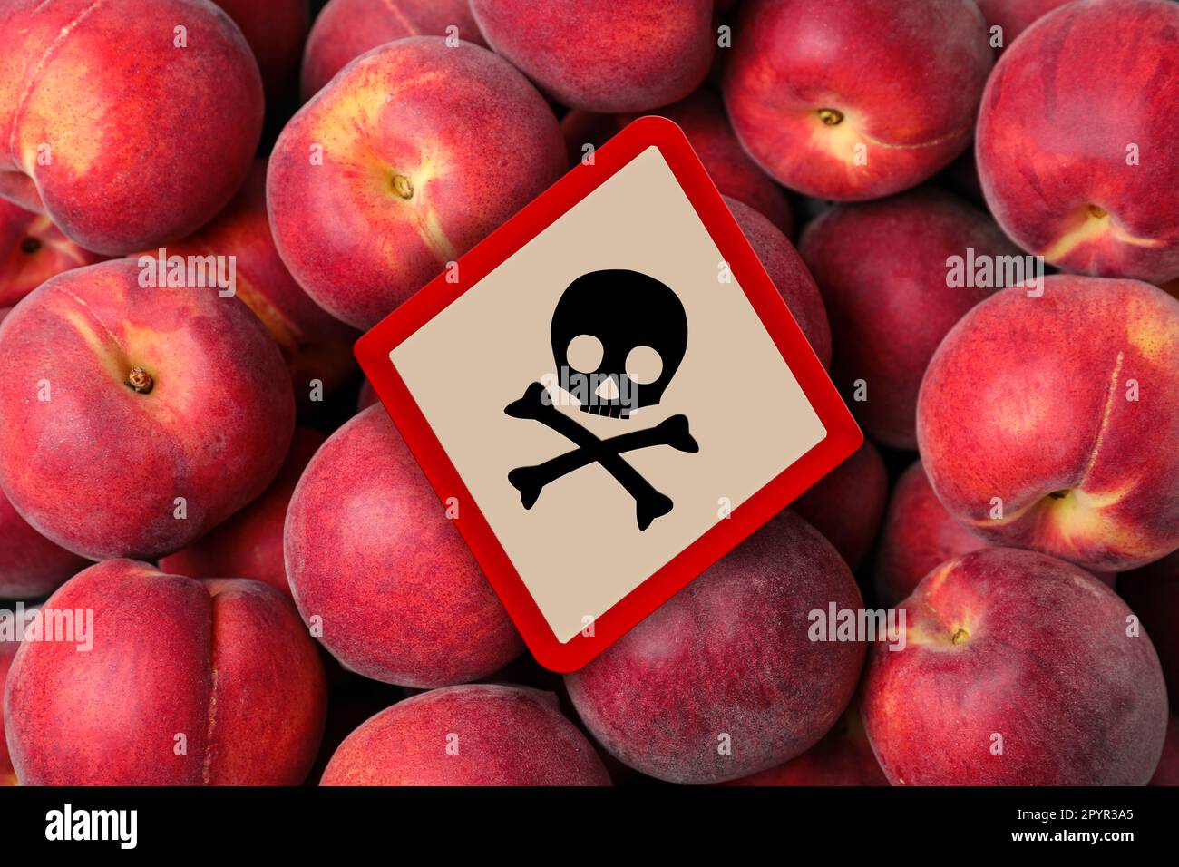 Affiche crâne et crossbone sur les pêches mûres, vue du dessus. Attention - toxique Banque D'Images