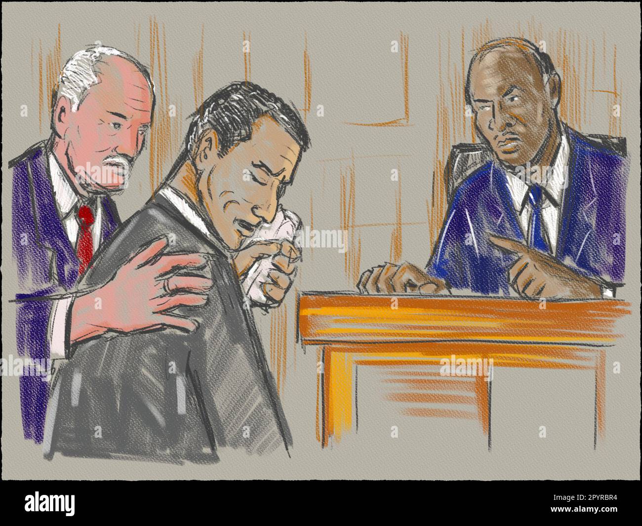 Crayon pastel et croquis à l'encre illustration d'un procès en salle d'audience avec juge noir afro-américain, avocat blanc, défendeur noir, demandeur Banque D'Images