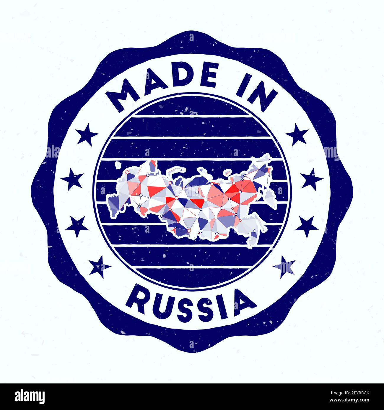 Fabriqué en Russie. Timbre rond de pays. Sceau de Russie avec forme de frontière. Badge vintage avec texte circulaire et étoiles. Illustration vectorielle. Illustration de Vecteur