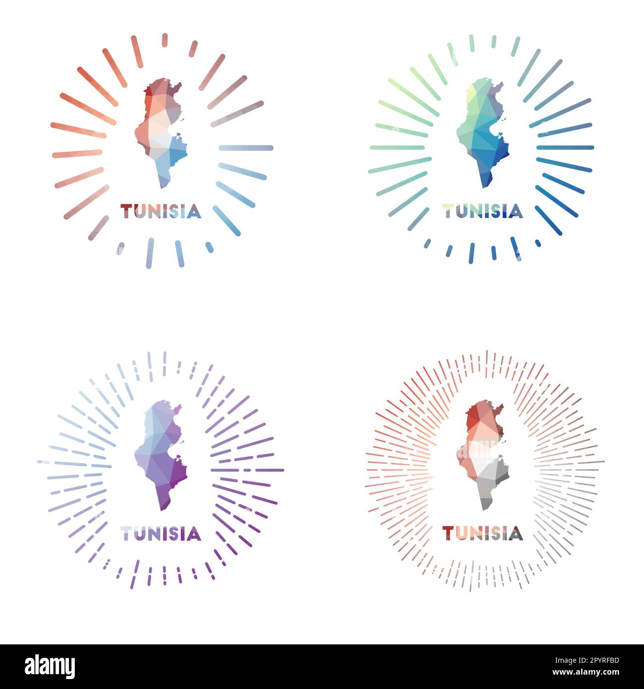 Tunisie bas poly Sunburst set. Logo du pays dans un style polygonal géométrique. Illustration vectorielle. Illustration de Vecteur