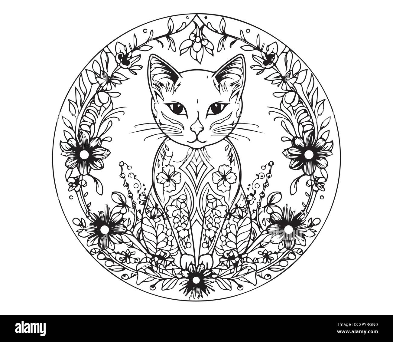 Un dessin noir et blanc d'un chat avec des fleurs dans la page de coloriage de la silhouette du milieu. Illustration du vecteur Cat. Illustration de Vecteur