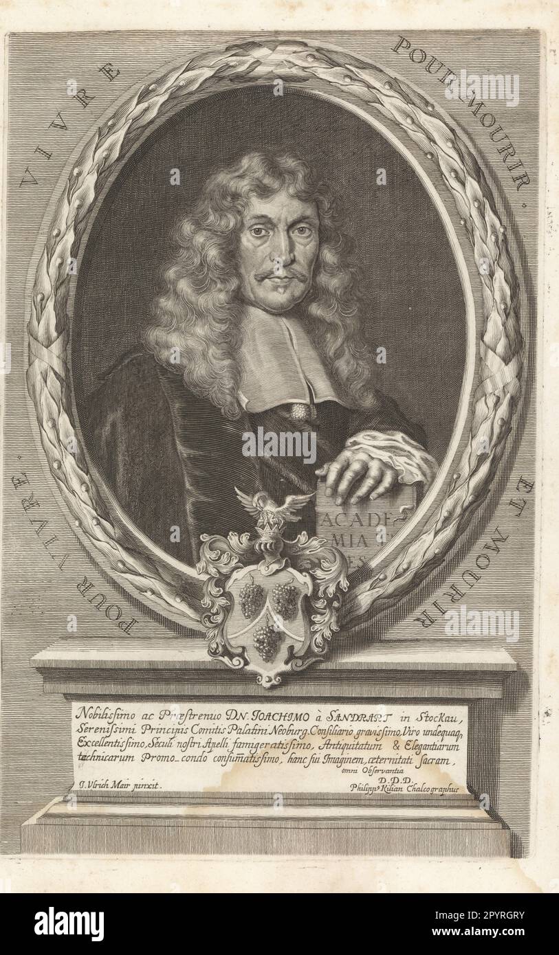 Portrait de Joachim von Sandrart, historien et peintre allemand de l'art baroque, 1606-1688. A travaillé à Amsterdam pendant l'âge d'or des pays-Bas. Avec livre et blason. Gravure sur plaque de copperplate par Philipp Kilian après une peinture de Johann Ulrich Mair de Joachim von Sandrar's l'Academia Todesca, della Architectura, Sculptura & Pittura, oder Teutsche Academie, der Edlen Bau- Bild- und Mahlerey-Kunste, Académie allemande d'architecture, Sculpture et peinture, Jacob von Sandrat, Nuremberg, 1675. Banque D'Images