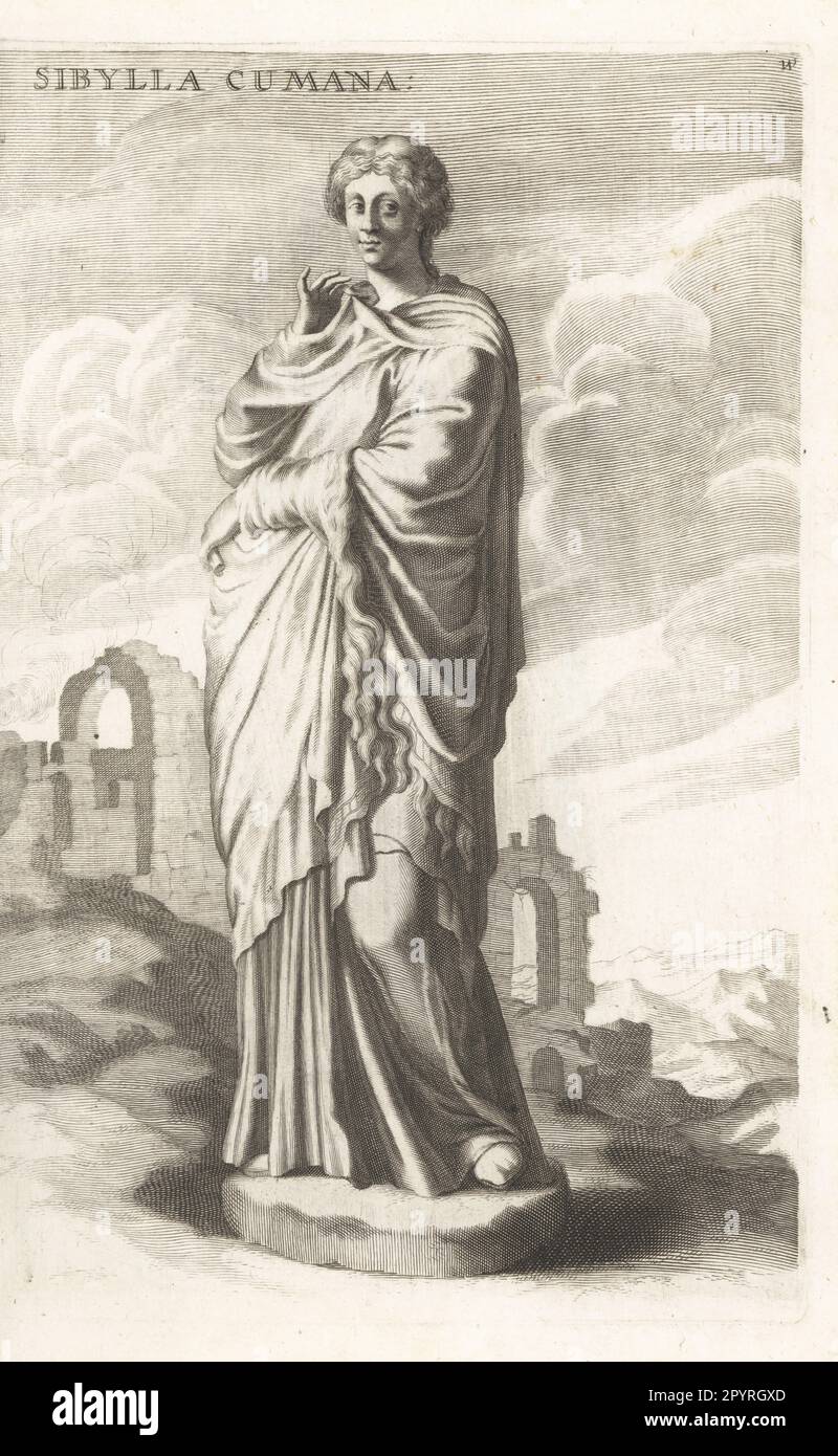 Polyhymnia, Muse grec de poésie et de danse. Se tenir devant les arches ruinées et la maçonnerie cassée. D'une sculpture dans la Galleria Giustiniana. Identifié de façon variable comme Sabina ou Sibylla Cumana. Gravure sur plaque après une illustration de Joachim von Sandrat de son Academia Todesca, della Architectura, Scucultura & Pittura, oder Teutsche Academie, der Edlen Bau- Bild- und Mahlerey-Kunste, Académie allemande d’architecture, de sculpture et de peinture, Jacob von Sandrart, Nuremberg, 1675. Banque D'Images