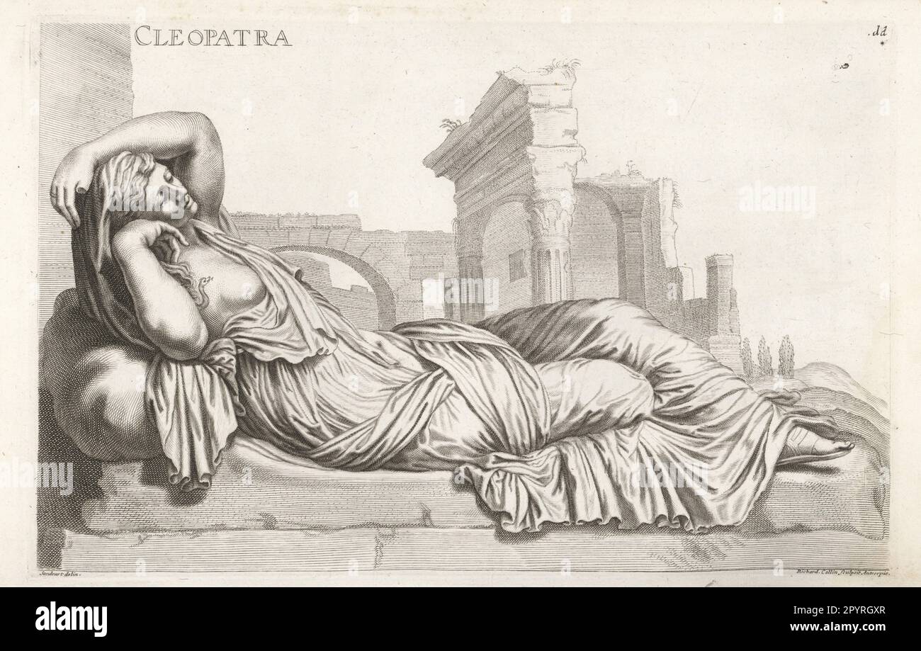 La sculpture de Cleopatra sur fond de ruines. Une attache à son sein exposé. Une copie romaine de la sculpture de l'Ariadne endormi de la Grèce antique. D'une copie dans les Offices, Florence, ou une dans la Villa Medici. Gravure de copperplate par Richard Collin après une illustration de Joachim von Dying Cléopâtre sculpture de la Uffizi, Florence. Sandrart de son Academia Todesca, della Architectura, Sculptura & Pittura, oder Teutsche Academie, der Edlen Bau- Bild- und Mahlerey-Kunste, Académie allemande d’architecture, de sculpture et de peinture, Jacob von Sandrart, Nuremberg, 1675. Banque D'Images