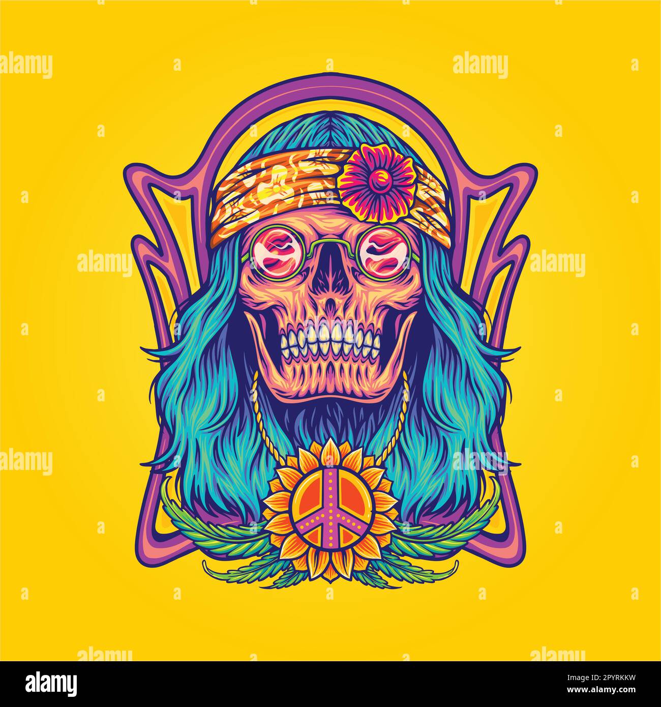 Tête de mort hippie avec signe de paix pendentif illustration vecteur pour votre logo de travail, t-shirt de marchandise, autocollants et étiquettes, affiche, message d'accueil Illustration de Vecteur