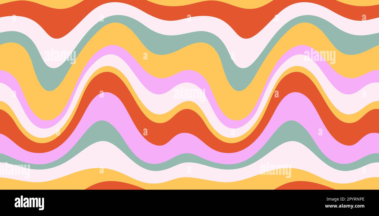 Courbes groovy fond horizontal. Psychédélique Abstract Curves Vector Seamless Pattern en 1970s hippie Retro style. Illustration de Vecteur