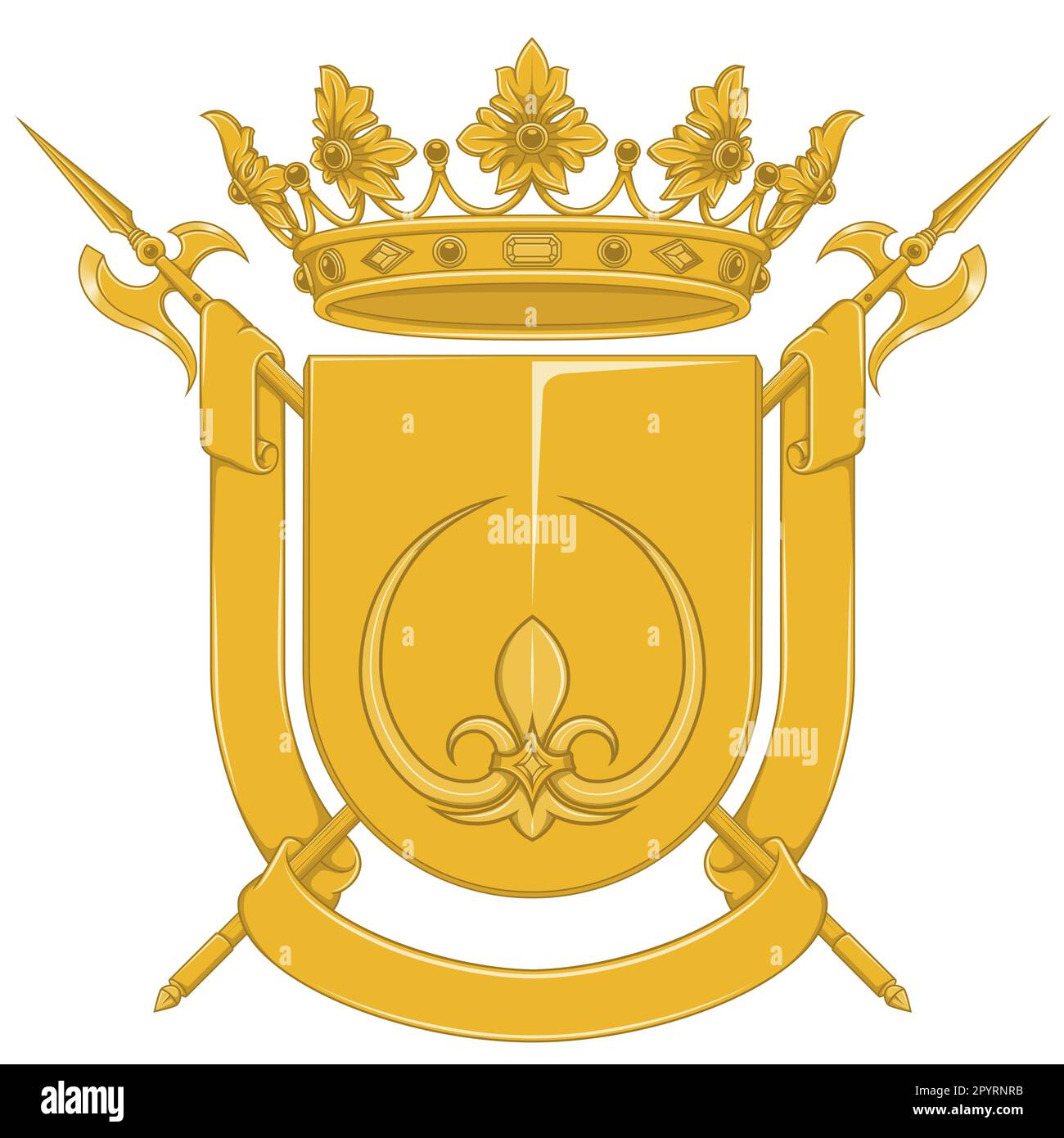 Motif vectoriel de bouclier héraldique du Moyen âge, blason avec fleur de lis, symbole héraldique, halberd, couronne et ruban Illustration de Vecteur