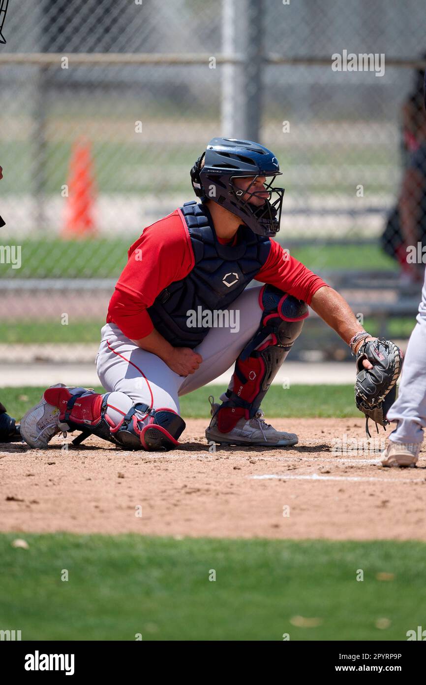 Boston Red Sox catcher Brooks Brannon (17) looks to throw to first base  during an Extended Spring Training baseball game against the Minnesota  Twins on May 4, 2023 at Century Link Sports