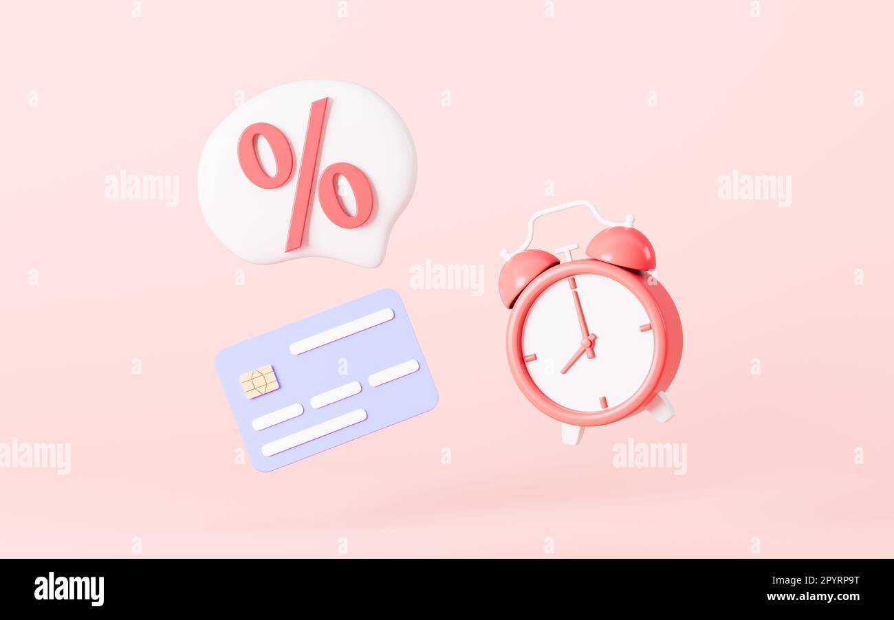 Horloge et carte bancaire sur fond rose, concept de promotion à durée limitée, rendu 3D. Dessin numérique. Banque D'Images