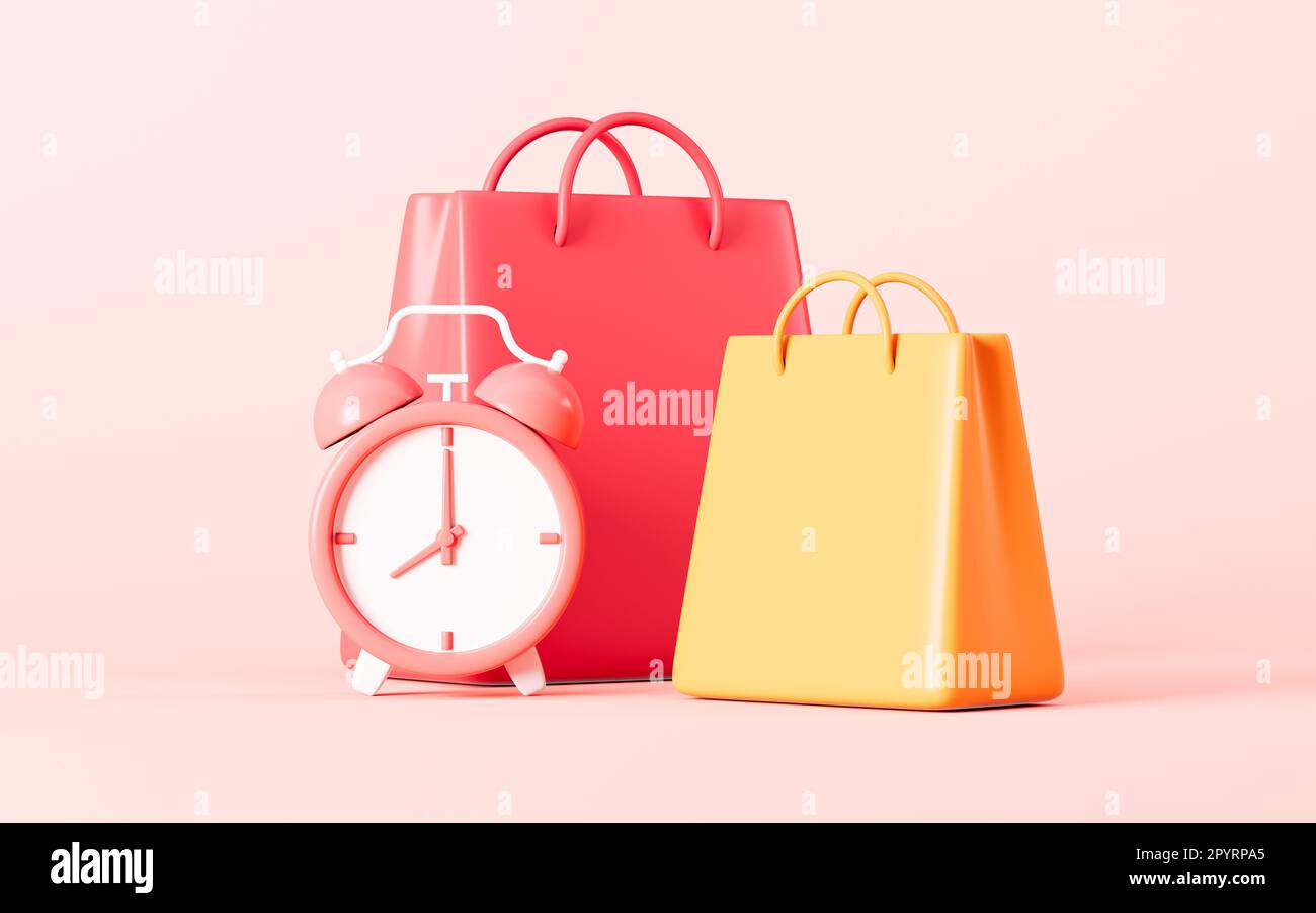 Sacs de shopping et horloge, concept de promotion à durée limitée, rendu 3D. Dessin numérique. Banque D'Images