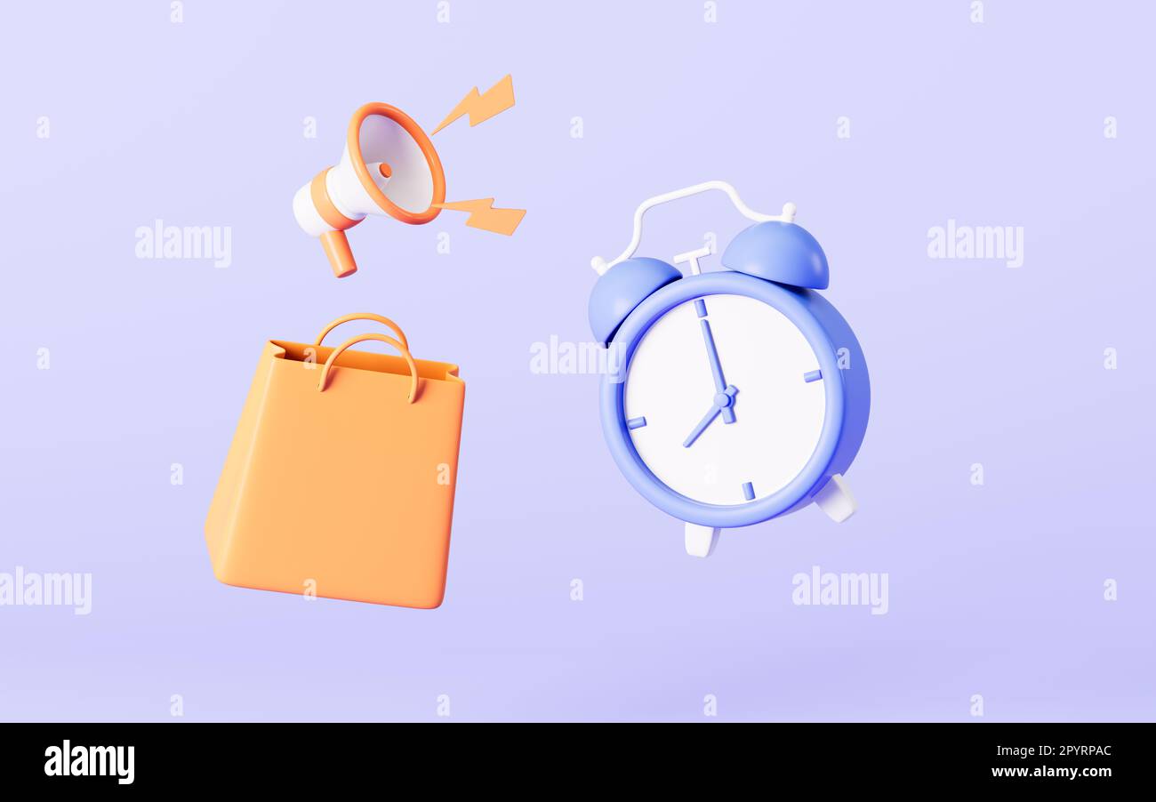 Sacs de shopping et horloge, concept de promotion à durée limitée, rendu 3D. Dessin numérique. Banque D'Images