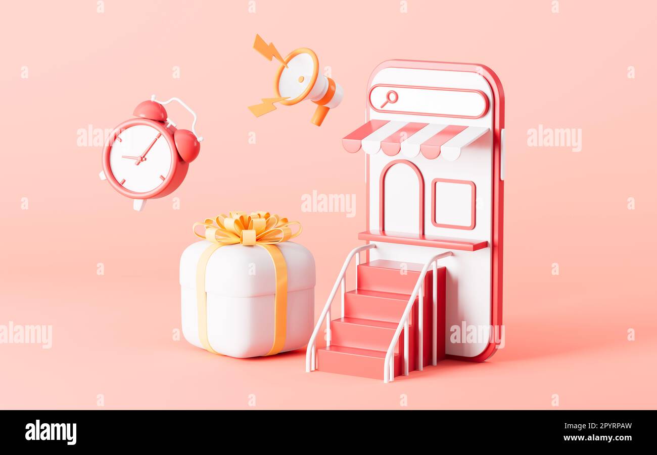 Réveil et cadeaux avec téléphone mobile sur fond rose, rendu 3D. Dessin numérique. Banque D'Images
