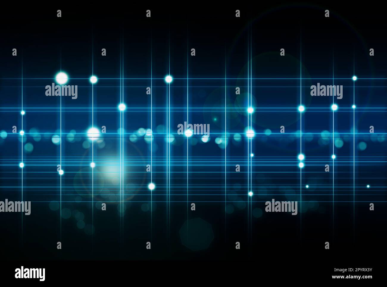 Lumières, grille bleu néon et futuriste avec lignes, métaverse et symbole sur fond noir. Effet, futuriste ou connexion au réseau Banque D'Images