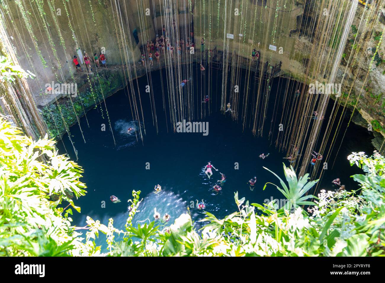 Les personnes qui nagent dans la piscine de calcaire, Cenote IK kil, Pillé, Yucatan, Mexique Banque D'Images Les personnes qui nagent dans la piscine de calcaire, Cenote IK kil, Pillé, Yucatan, Mexique Banque D'Images