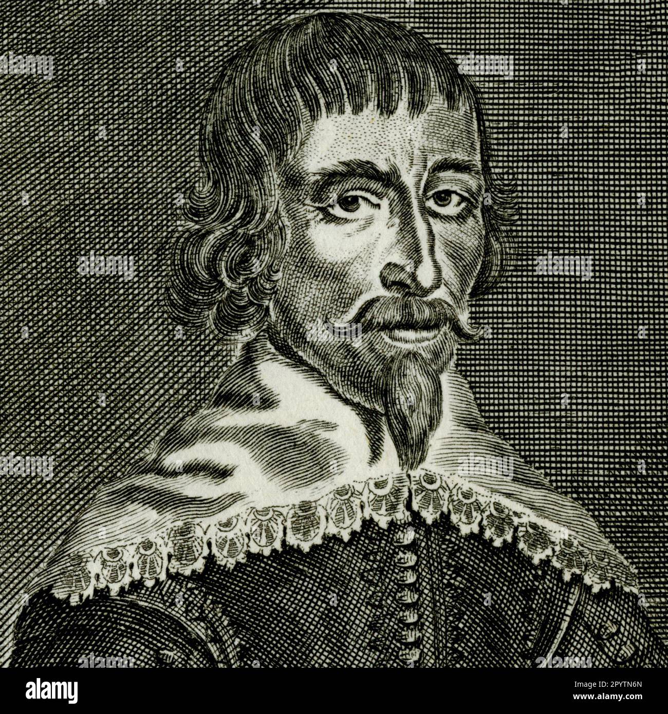William Prynne (1600-1669), un puritain anglais qui a publié des tracts critiquant l'église anglicane et, en 1637, a été placé dans un pilori et a eu ses oreilles coupées pour avoir attaqué les vues de l'archevêque de Canterbury. Détail carré de la gravure utilisée dans l'édition 1740 de 'Histoire de la rébellion et des guerres civiles en Angleterre' par Edward Hyde (1609-1674), élevé au peerage comme 1st comte de Clarendon. Banque D'Images