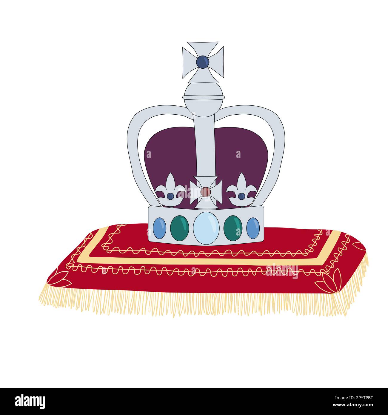 Couronne royale avec pierres précieuses sur l'oreiller, symbole de la monarchie britannique, illustration vectorielle Illustration de Vecteur