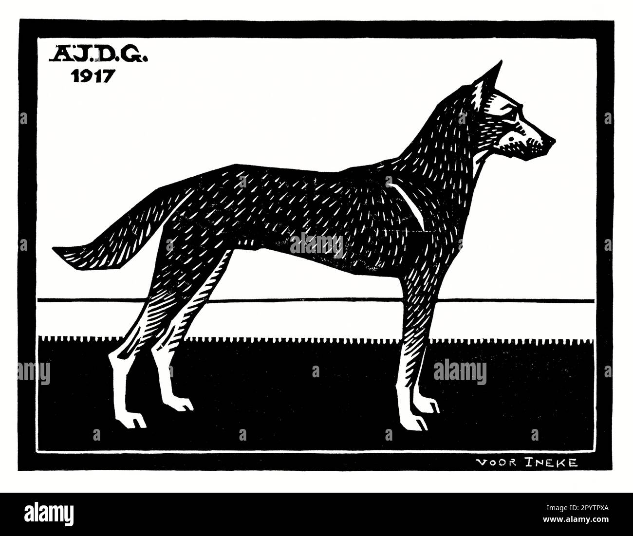 Chien Vintage Lino Art imprimé par Julie de Graag artiste néerlandais Banque D'Images