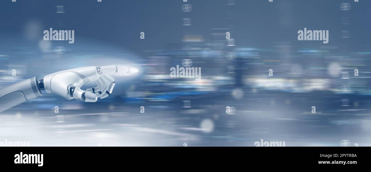 Main robotique rapide alimentée par l'intelligence artificielle, naviguant dans un métaverse futuriste du cyberespace et du temps, déclenchant une digita rapide Banque D'Images
