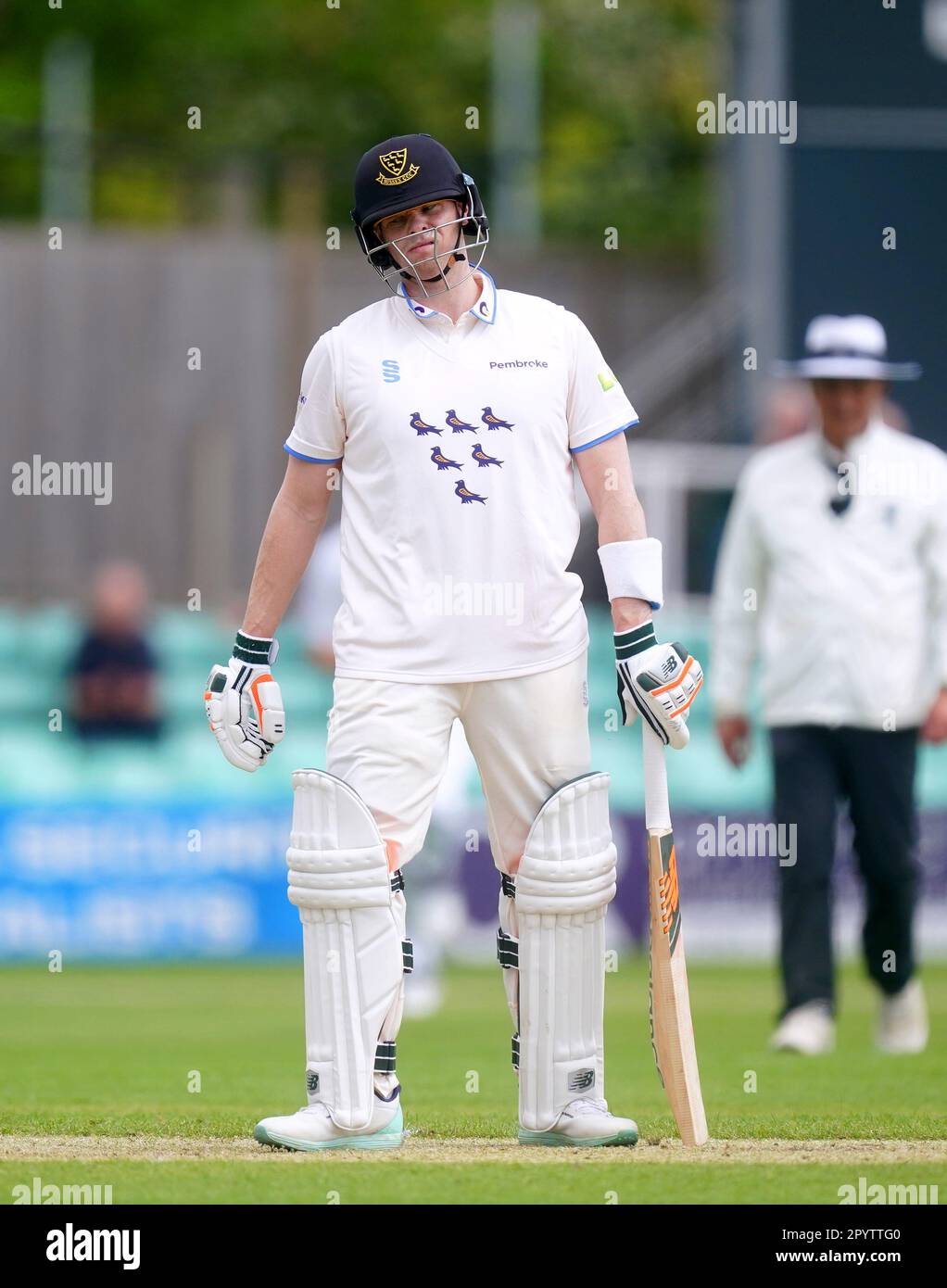 Steve Smith de Sussex réagit après avoir été pris lbw par Josh Tongue de Worcestershire le deuxième jour du LV= Insurance County Championship Match à New Road, Worcester. Date de la photo: Vendredi 5 mai 2023. Banque D'Images