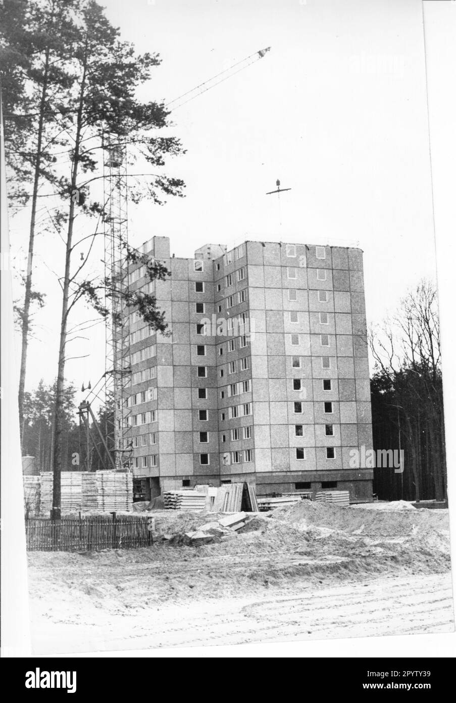 Travaux de construction/chantier du développement Waldstatt II à Potsdam. Après les travaux de génie civil, le prochain bâtiment en hauteur peut être assemblé. Historique GDR. Photo:MAZ/ Michael Hübner, 24.11.1978 [traduction automatique] Banque D'Images