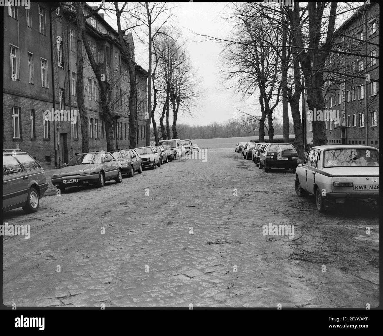 Rue avec voitures garées, arbres et maisons en hiver. Wildau, quartier de Dahme-Spreewald, Brandebourg. Photo, 1993. Banque D'Images