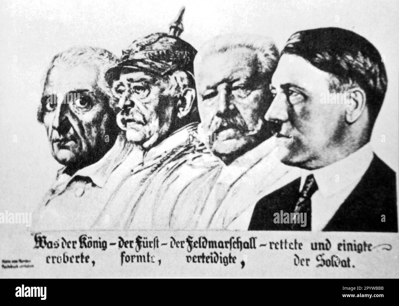 Une carte postale historique place Adolf Hitler dans l'ordre chronologique avec des figures historiques. Frédéric le Grand, Otto von Bismarck, Paul von Hindenburg et Adolf Hitler : ce que le roi a conquis, le prince formé, le maréchal défendu, le soldat sauvé et unifié. [traduction automatique] Banque D'Images