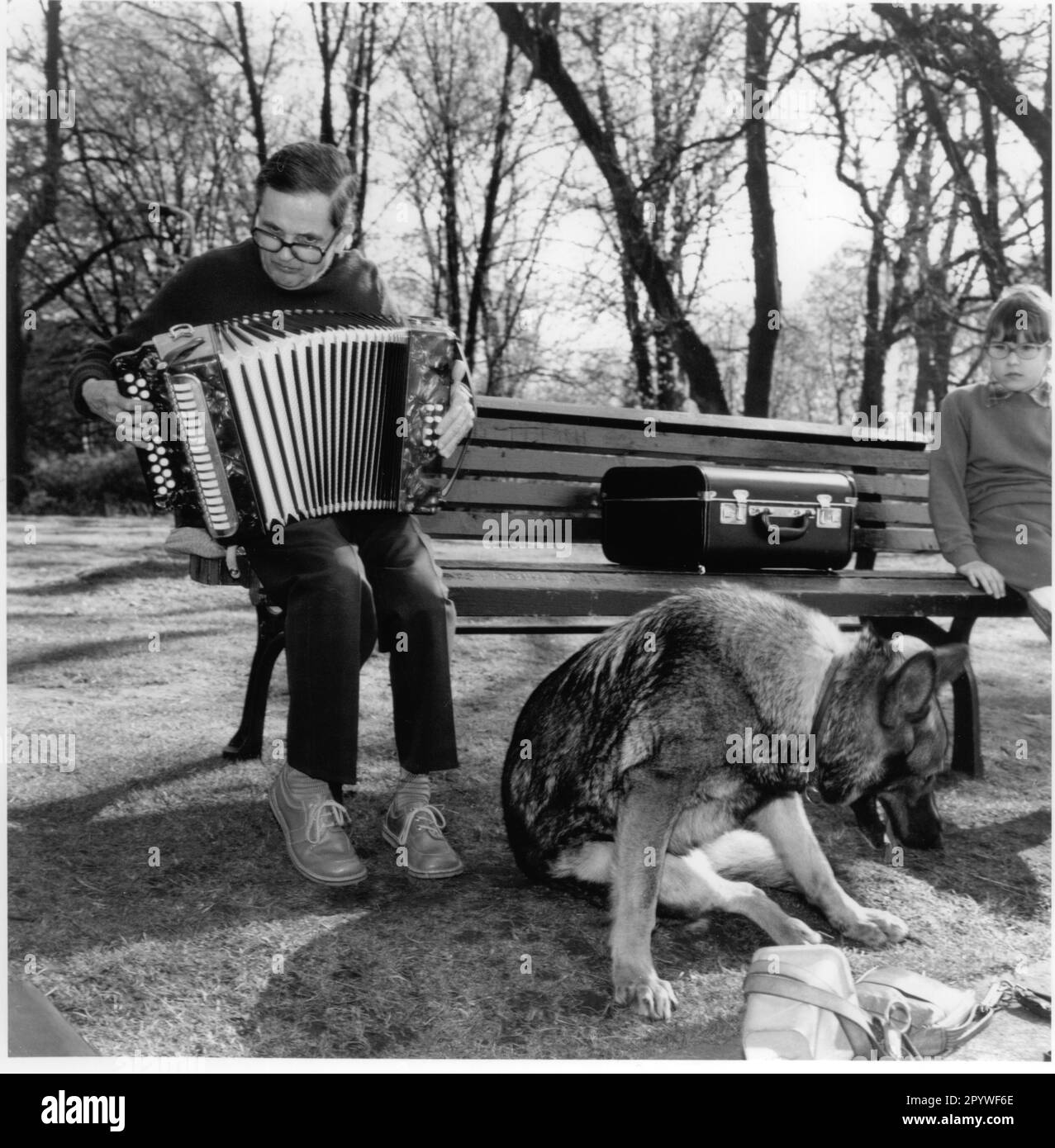 Berlin-Treptow. Musique, instruments: Joueur d'accordéon avec chien et enfant sur un banc à Treptower Park. Noir et blanc, 6x6 cm négatif. Photo, 1991. Banque D'Images