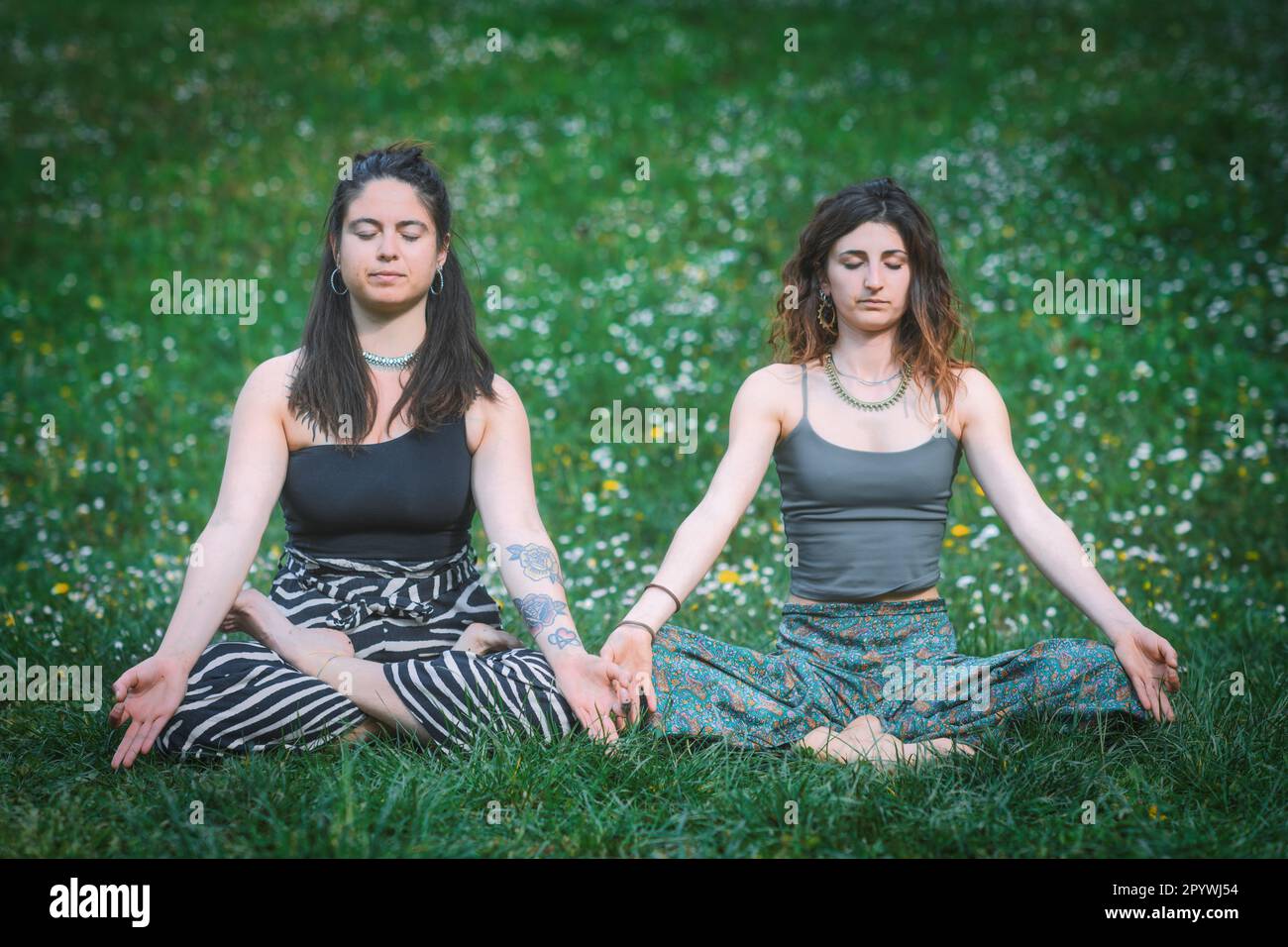 Classique yoga pose par une paire de femmes dans un praro fleuri Banque D'Images