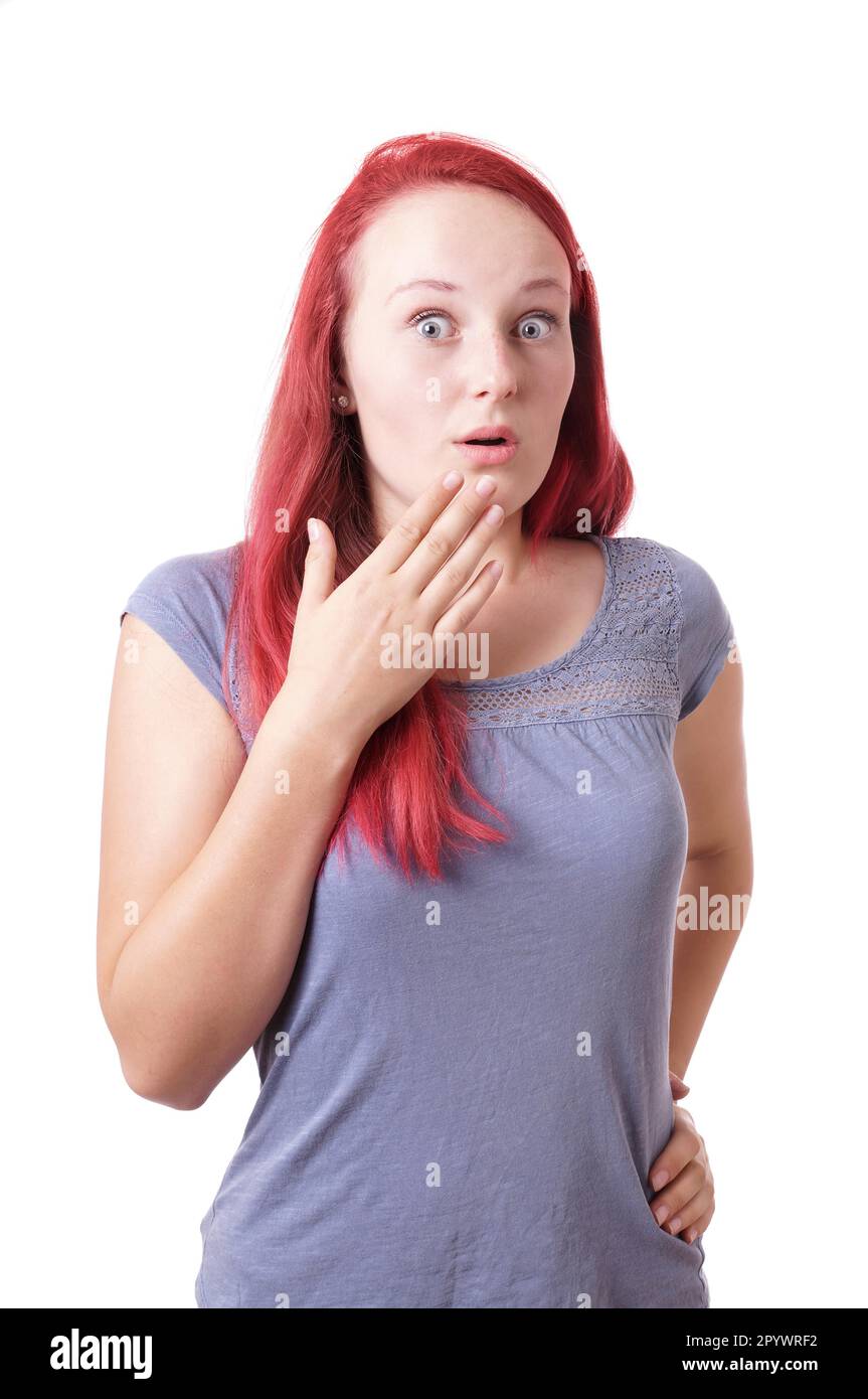 Jeune femme choqué avec les yeux et la bouche grande ouverte Banque D'Images