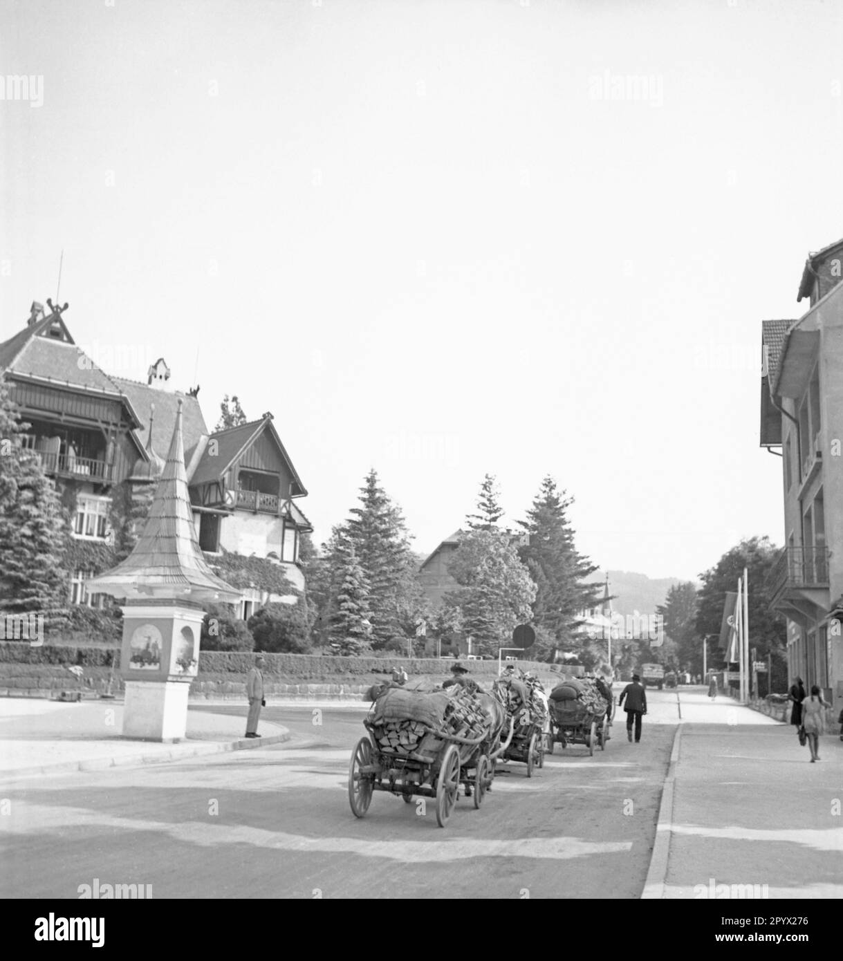 Des charrettes tirées par des chevaux transportent le bois dans une rue du village en Carinthie. [traduction automatique] Banque D'Images