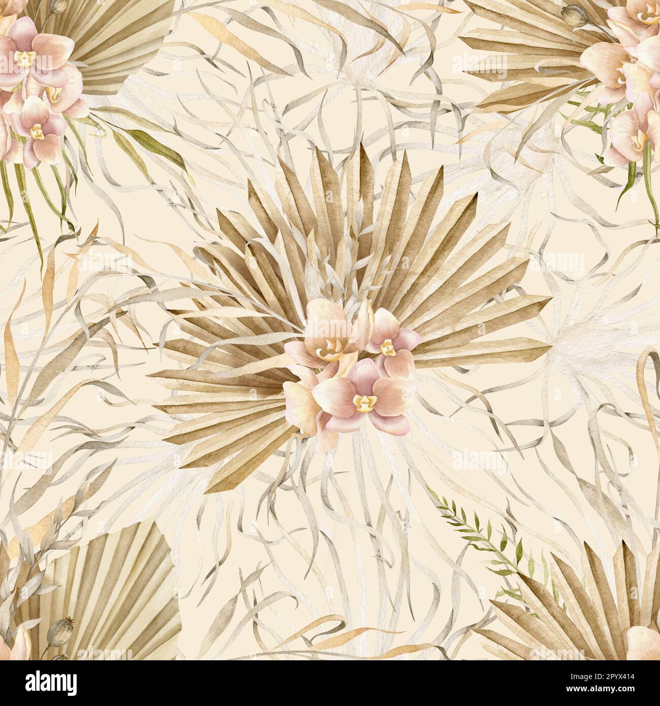 Motif sans couture style bohémien. Décoration florale aquarelle dessinée à la main avec feuilles de palmier sèches et fleurs d'orchidées sur fond beige crémeux. Illustration tropicale pour le papier d'emballage ou la conception textile. Banque D'Images