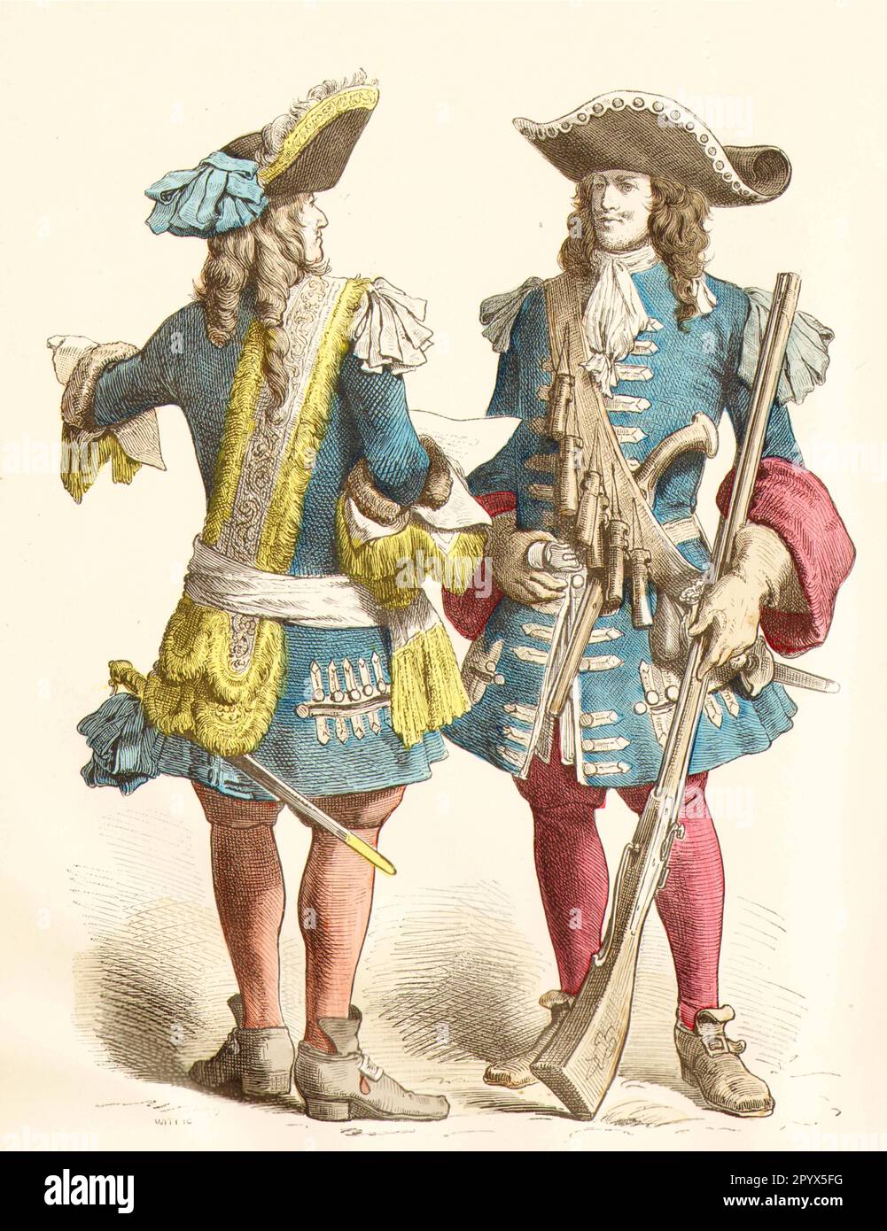 Soldats au 17th siècle en uniforme contemporain : officier et mousquetaire de la garde. [traduction automatique] Banque D'Images