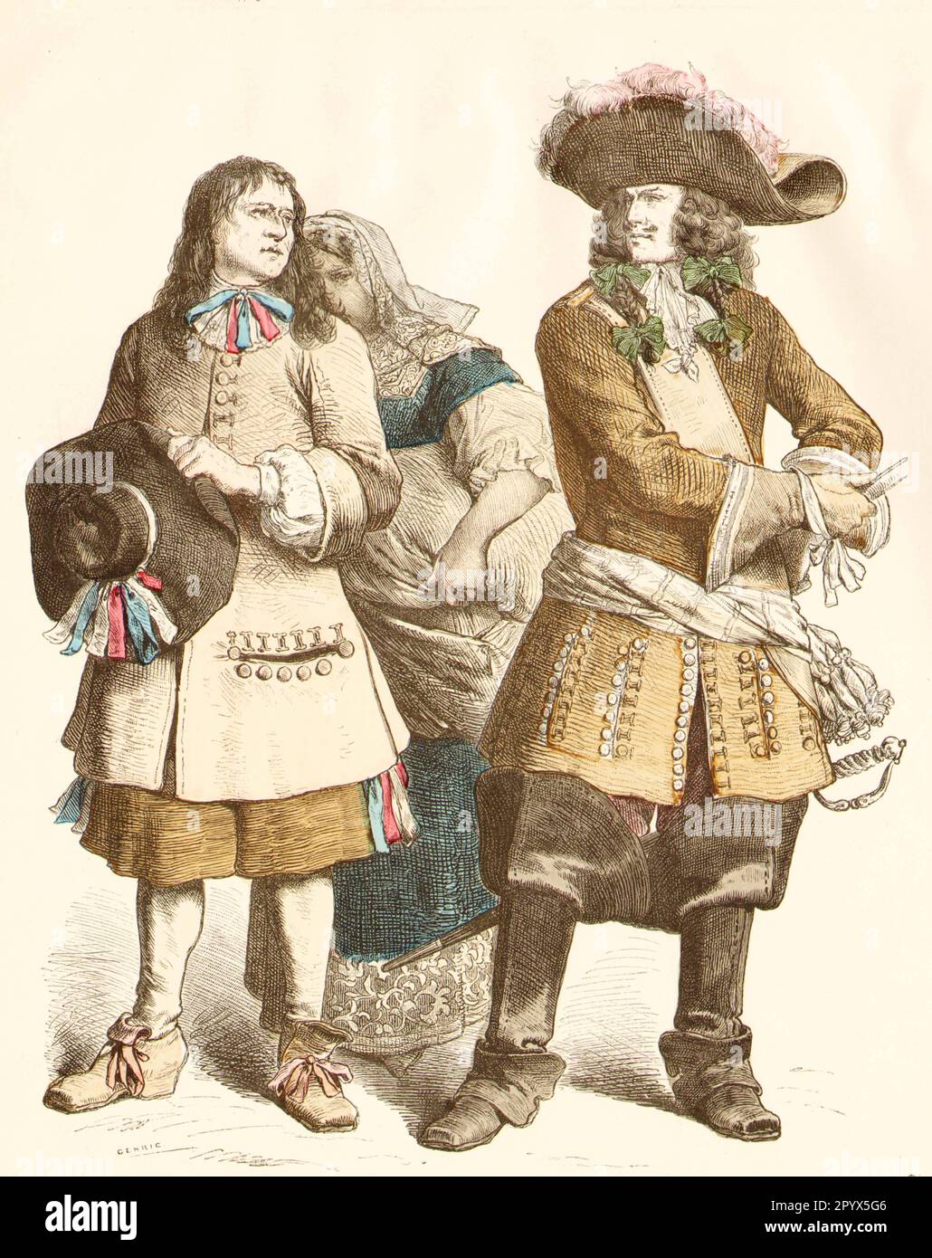 Citoyen français et gendarmerie à cheval au 17th siècle en robe contemporaine. [traduction automatique] Banque D'Images