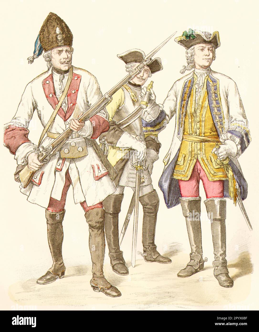 Soldats Württemberg en uniforme contemporain, 18th siècle, de gauche à droite : grenadier, cuirassier, officier (général), env. 1730. [traduction automatique] Banque D'Images