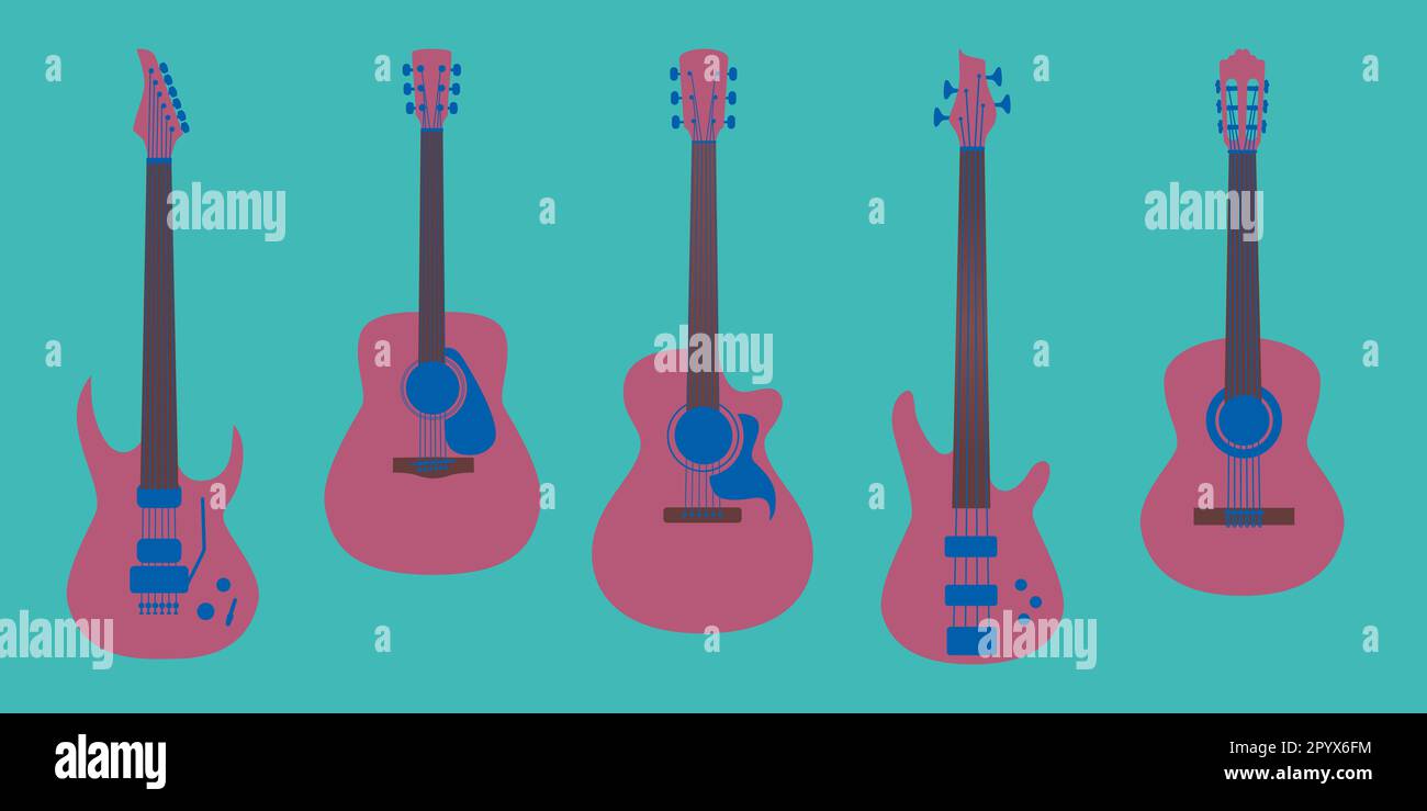 Guitares styles illustration - électrique, folk, classique et basse guitare - plat thème design Banque D'Images