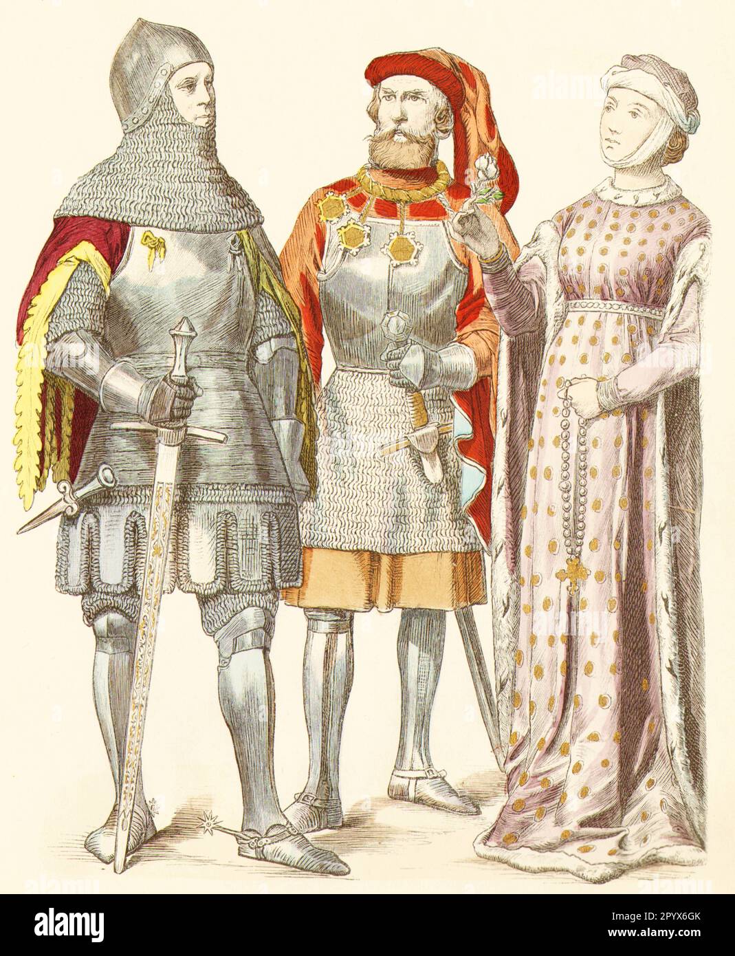 Vêtements de nobles en Allemagne : Philipp von Ingelheim (1431), Martin von Seinsheim (1434), noble dame. [traduction automatique] Banque D'Images