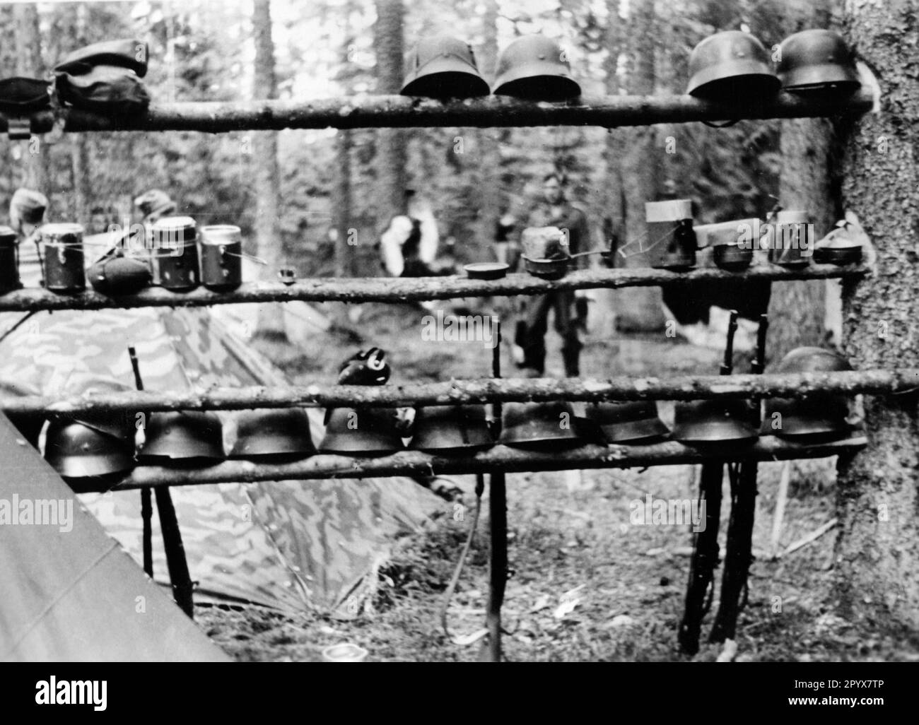 À la veille de la sortie de Barbarossa : casques d'acier, carabines et ustensiles de cuisine sont montés dans un rack dans un camp de troupes allemandes dans une zone de rassemblement en Pologne, située dans une forêt. Photo: Oregon. [traduction automatique] Banque D'Images