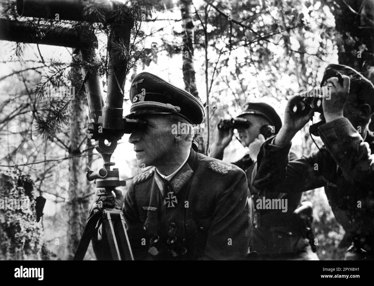 Le commandant de la Division d'infanterie de 260th observe des positions soviétiques dans un avant-poste d'artillerie près de Morino. Photo: Momber [traduction automatique] Banque D'Images