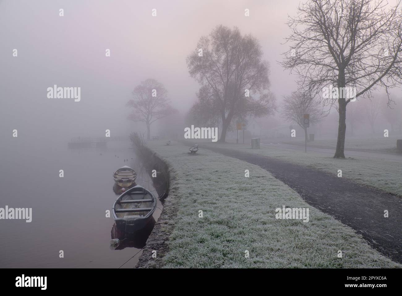 Irlande, comté de Sligo, Sligo, bateaux sur un matin d'hiver brumeux à Doorly Park. Banque D'Images