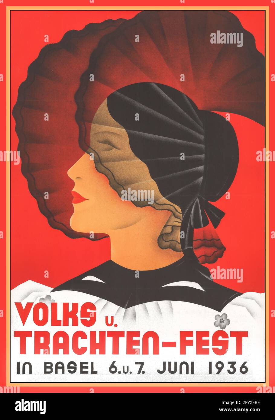 Vintage 1936 Swiss Basel VOLKS U. TRACHTEN-FEST affiche publicitaire lithographie avec tête et épaules élégante illustration de dame à la mode. Festival de mode de vêtements haut de gamme Banque D'Images