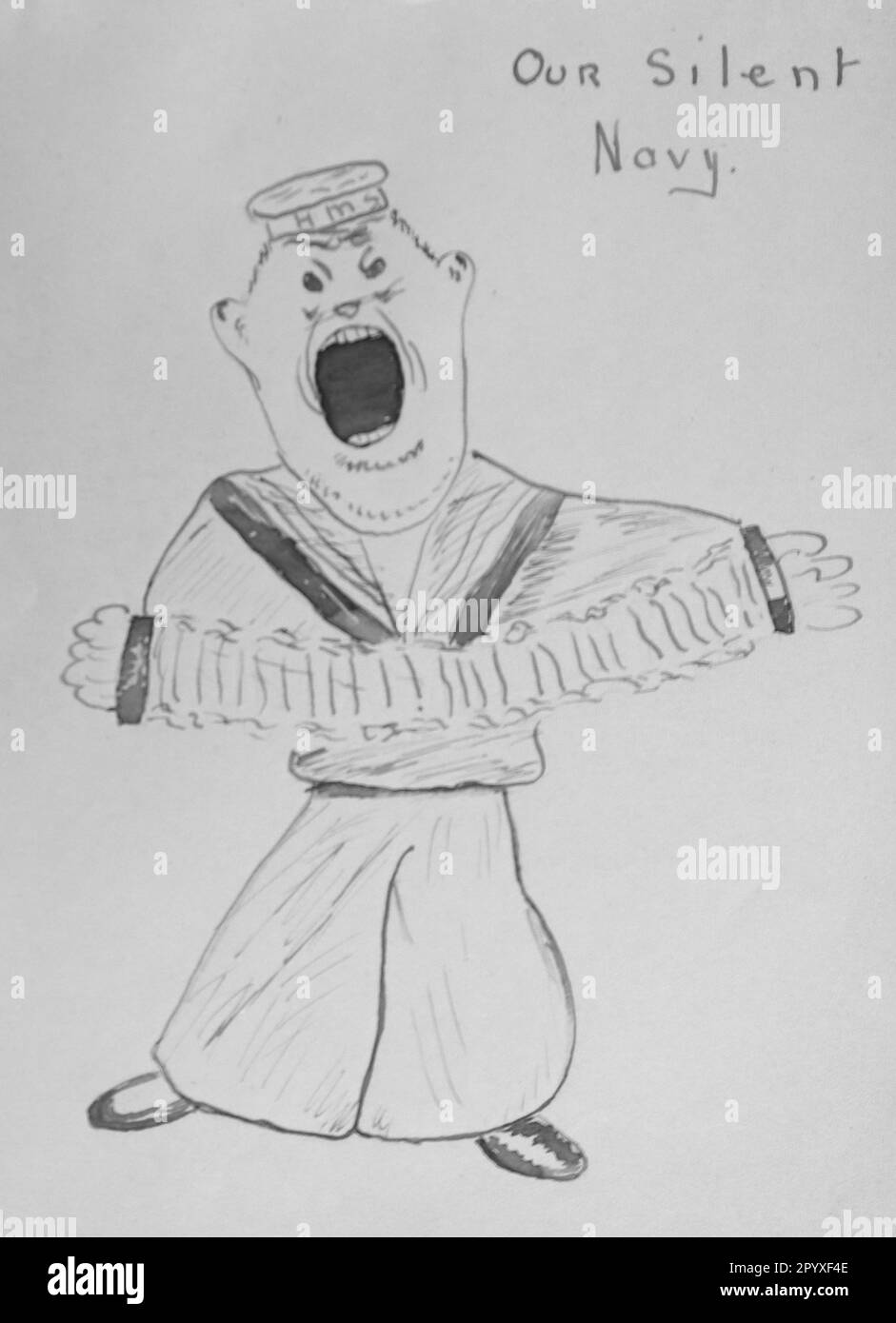 Art naïf original d'un album de souvenirs édouardiens, c1923: 'Our Silent Navy'. Dessin de ligne d'un marin, criant, grande bouche. Banque D'Images