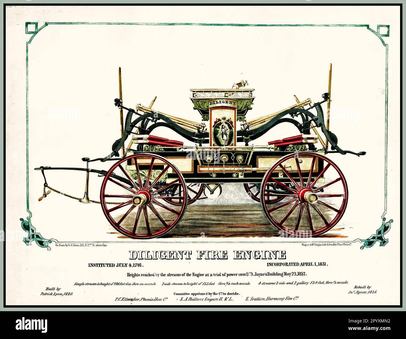 Vintage Fire Engine illustration 1852 Dilligent Publicité Amérique USA un seul flux d'eau à travers la buse de 196 pieds Banque D'Images