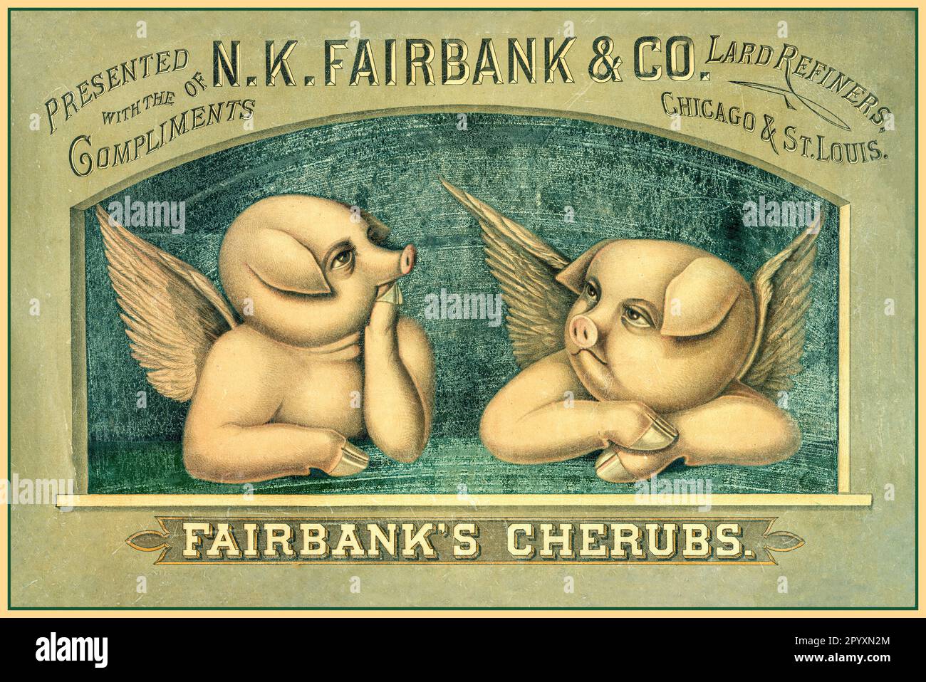 Vintage 1890s Food Poster Illustration pour les chérubins Fairbanks, deux porcelets avec ailes faisant la promotion d'une raffinerie de saindoux de porc NK Fairbank & Co Chicago et St. Louis Amérique États-Unis Banque D'Images