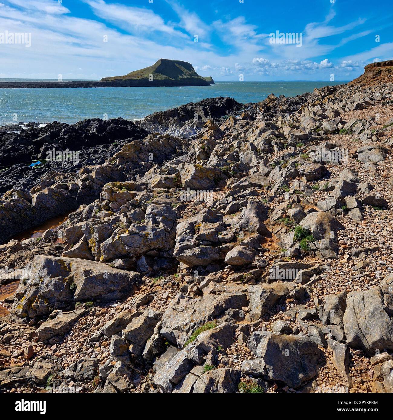 C'est une destination populaire pour les touristes et les randonneurs, connue pour ses paysages côtiers époustouflants et sa faune variée. La marche jusqu'à Worm's Head implique somm Banque D'Images