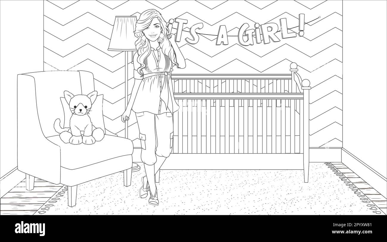 Page de coloriage de grossesse avec personnage féminin sur un fond de salle de nursery. Illustration vectorielle Illustration de Vecteur