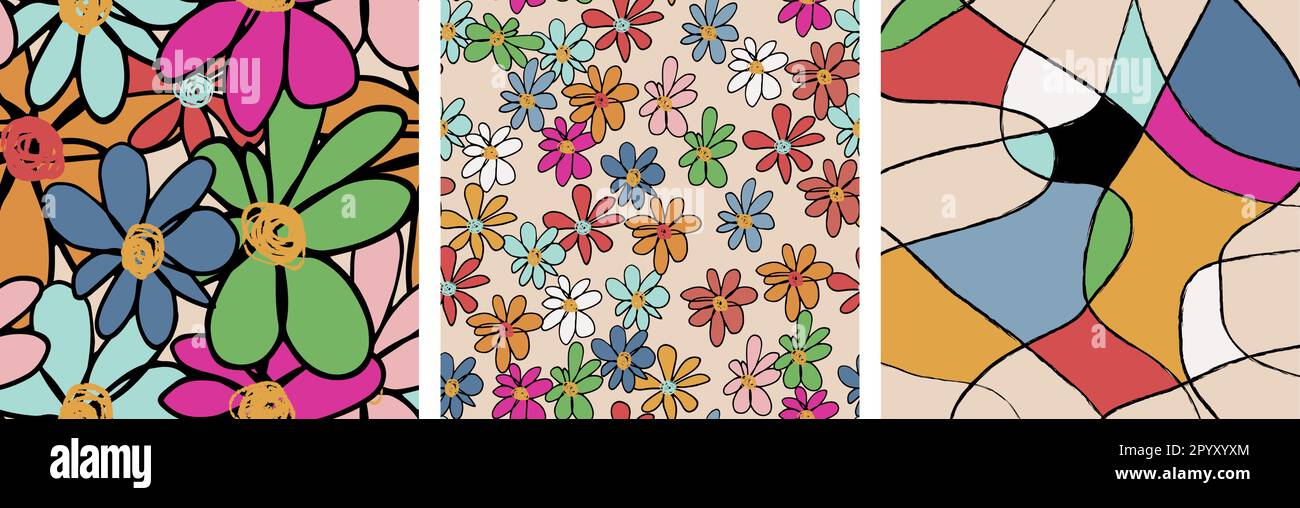 Ensemble de fleurs à motif de style art dessiné à la main. FreeHand, éléments multicolores, naturels et abstraits vecteur sur fond beige. Utiliser pour le papier peint, Illustration de Vecteur